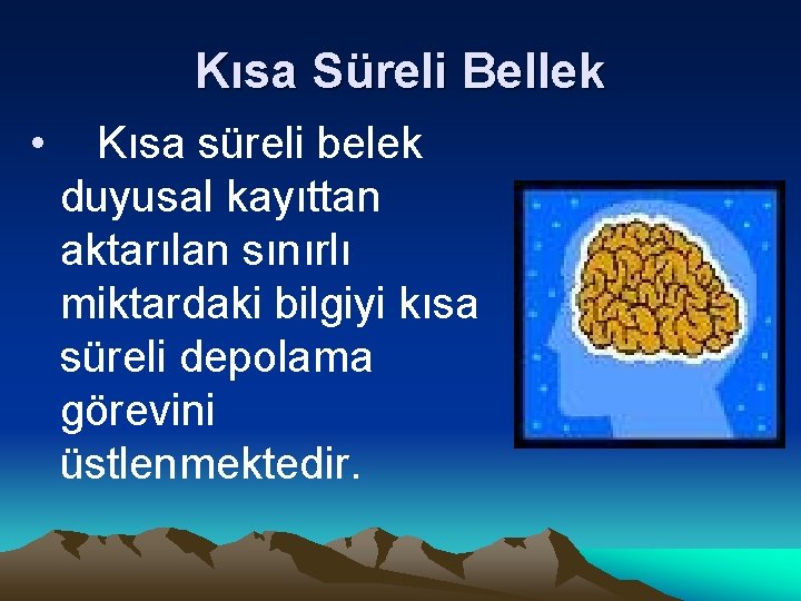 Kısa Süreli Bellek • Kısa süreli belek duyusal kayıttan aktarılan sınırlı miktardaki bilgiyi kısa