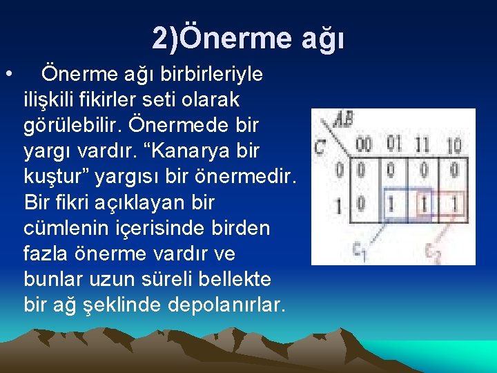 2)Önerme ağı • Önerme ağı birbirleriyle ilişkili fikirler seti olarak görülebilir. Önermede bir yargı