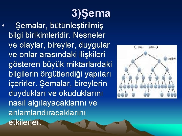 3)Şema • Şemalar, bütünleştirilmiş bilgi birikimleridir. Nesneler ve olaylar, bireyler, duygular ve onlar arasındaki