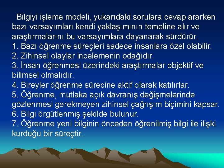 Bilgiyi işleme modeli, yukarıdaki sorulara cevap ararken bazı varsayımları kendi yaklaşımının temeline alır ve