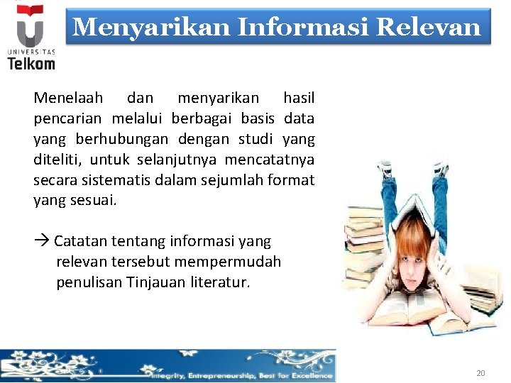 Menyarikan Informasi Relevan Menelaah dan menyarikan hasil pencarian melalui berbagai basis data yang berhubungan