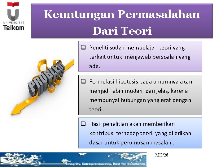 Keuntungan Permasalahan Dari Teori q Peneliti sudah mempelajari teori yang terkait untuk menjawab persoalan