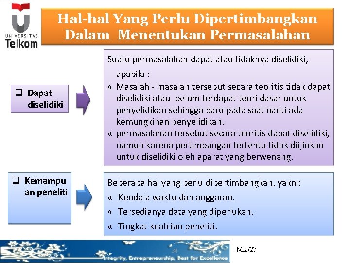 Hal-hal Yang Perlu Dipertimbangkan Dalam Menentukan Permasalahan Suatu permasalahan dapat atau tidaknya diselidiki, q