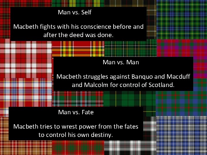 Man vs. Self Macbeth fights with his conscience before and after the deed was