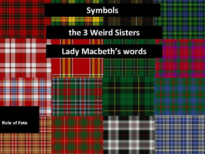 Symbols the 3 Weird Sisters Lady Macbeth’s words Role of Fate 