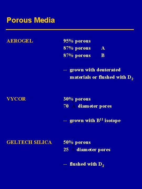 Porous Media AEROGEL 95% porous 87% porous A B -- grown with deuterated materials