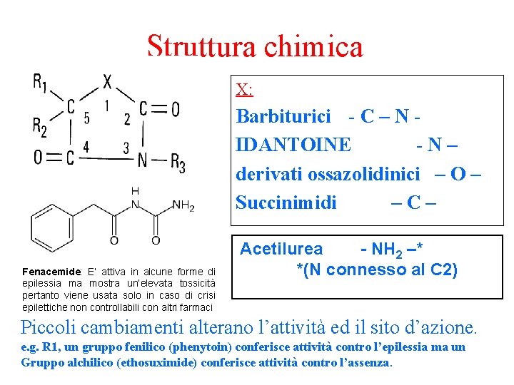 Struttura chimica X: Barbiturici - C – N IDANTOINE -N– derivati ossazolidinici – O