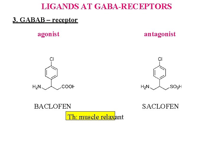 LIGANDS AT GABA-RECEPTORS 3. GABAB – receptor agonist BACLOFEN Th: muscle relaxant antagonist SACLOFEN