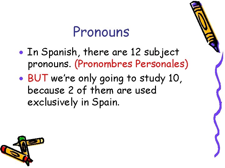 Pronouns · In Spanish, there are 12 subject pronouns. (Pronombres Personales) · BUT we’re