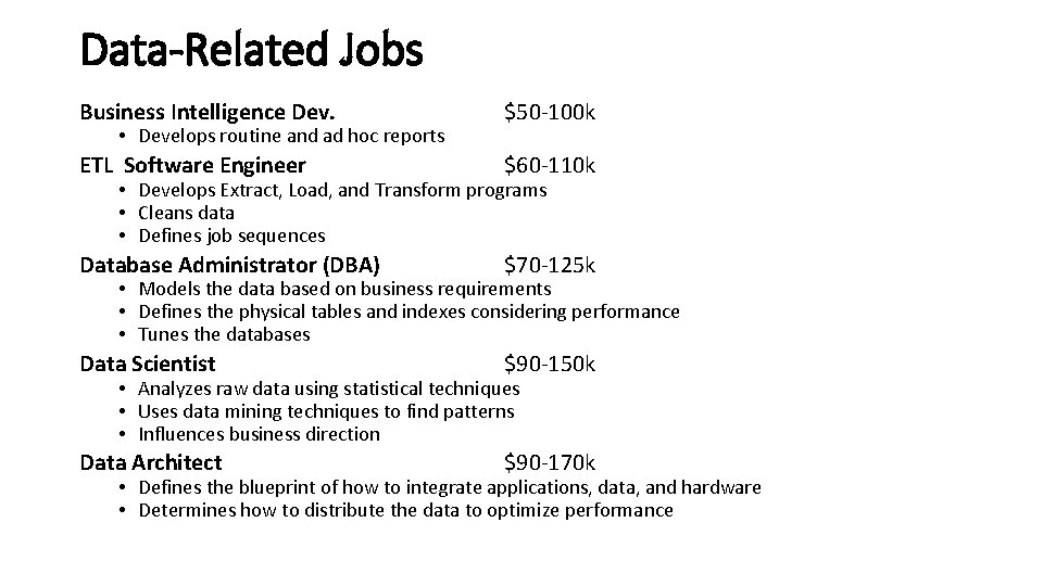 Data-Related Jobs Business Intelligence Dev. $50 -100 k ETL Software Engineer $60 -110 k