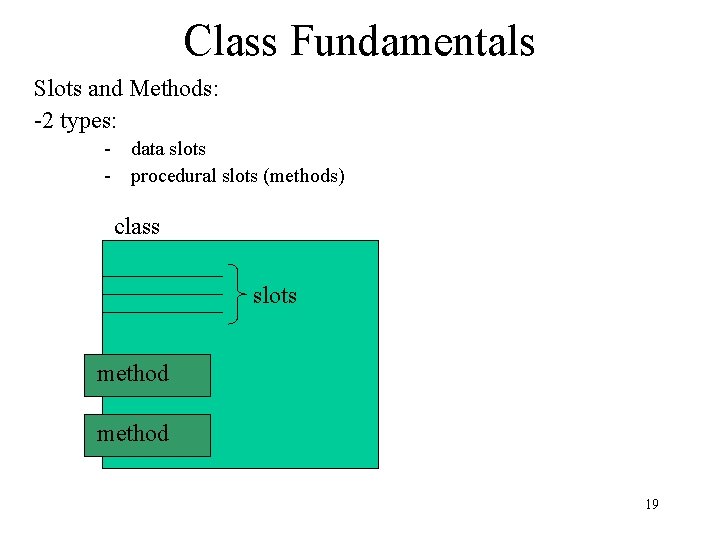 Class Fundamentals Slots and Methods: -2 types: - data slots - procedural slots (methods)