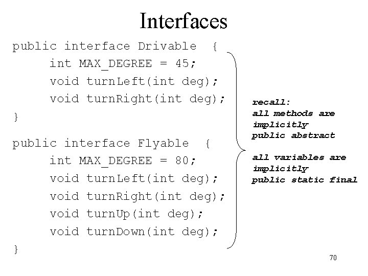 Interfaces public interface Drivable { int MAX_DEGREE = 45; void turn. Left(int deg); void