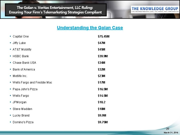 Understanding the Golan Case § Capital One $75. 45 M § Jiffy Lube $47
