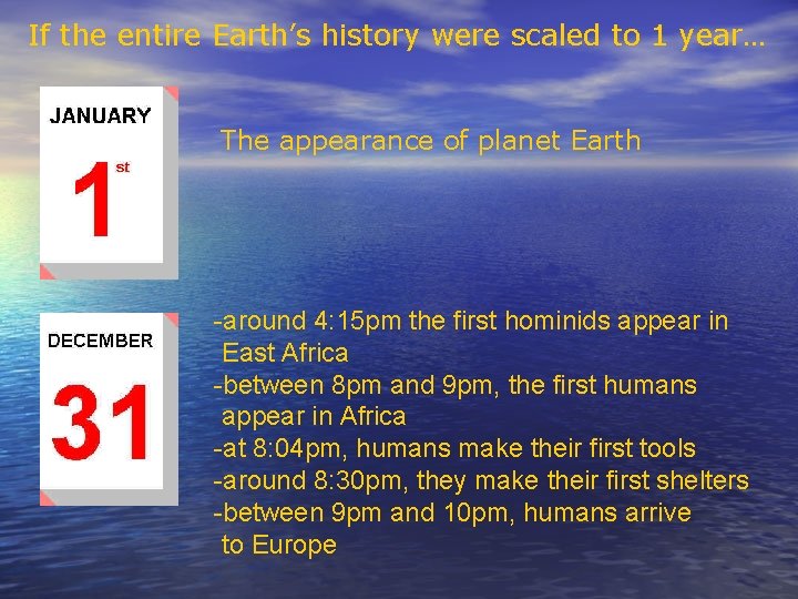 If the entire Earth’s history were scaled to 1 year… The appearance of planet