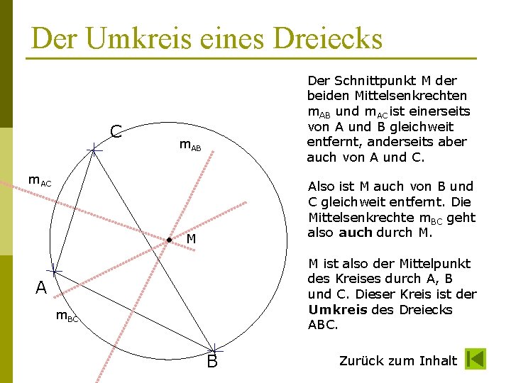 Der Umkreis eines Dreiecks C Der Schnittpunkt M der beiden Mittelsenkrechten m. AB und