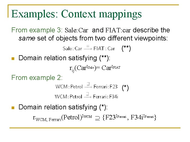 Examples: Context mappings From example 3: Sale: Car and FIAT: car describe the same