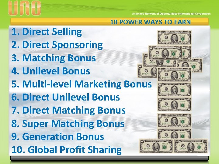 10 POWER WAYS TO EARN 1. Direct Selling 2. Direct Sponsoring 3. Matching Bonus