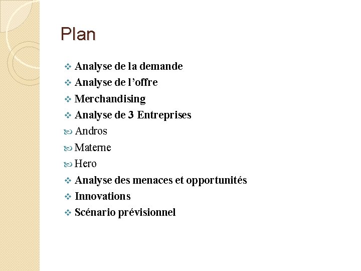 Plan Analyse de la demande v Analyse de l’offre v Merchandising v Analyse de