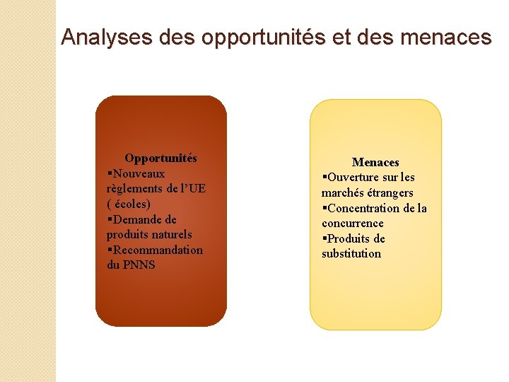 Analyses des opportunités et des menaces Opportunités §Nouveaux règlements de l’UE ( écoles) §Demande