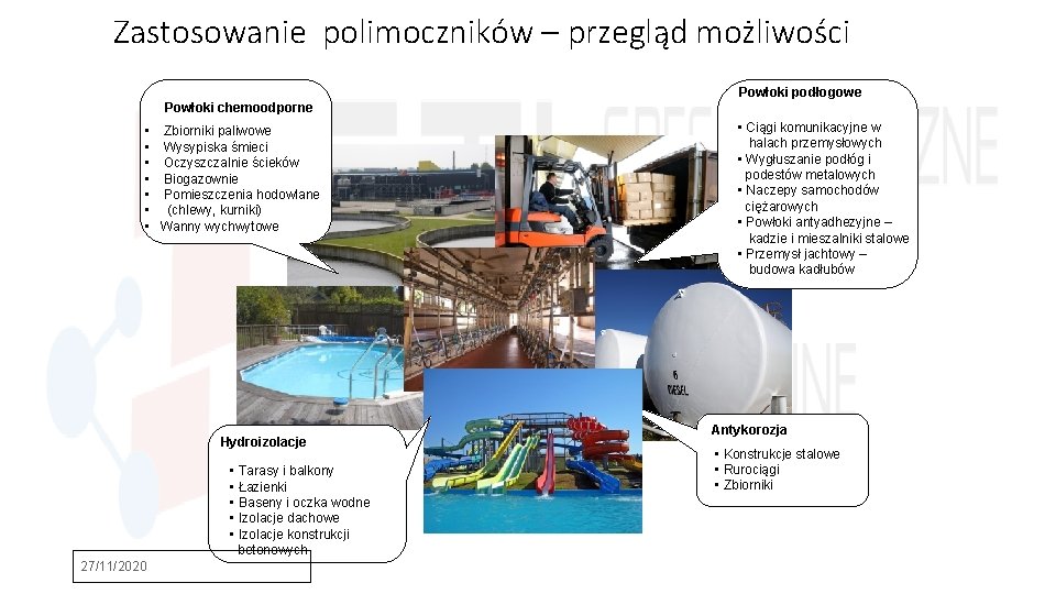 Zastosowanie polimoczników – przegląd możliwości Powłoki podłogowe Powłoki chemoodporne • • Zbiorniki paliwowe Wysypiska