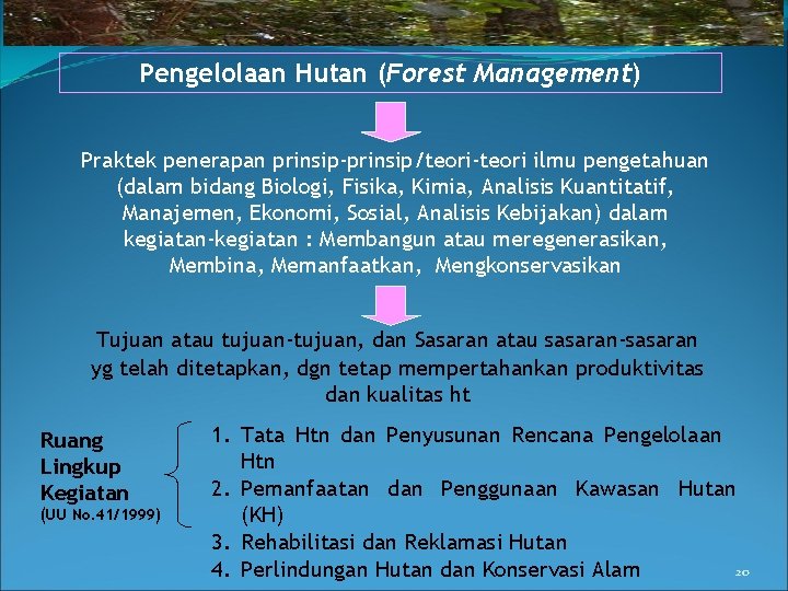 Pengelolaan Hutan (Forest Management) Praktek penerapan prinsip-prinsip/teori-teori ilmu pengetahuan (dalam bidang Biologi, Fisika, Kimia,