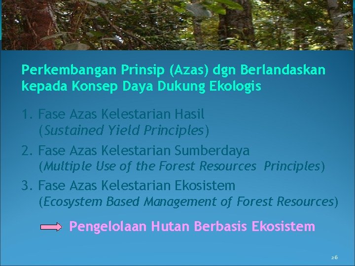 Perkembangan Prinsip (Azas) dgn Berlandaskan kepada Konsep Daya Dukung Ekologis 1. Fase Azas Kelestarian