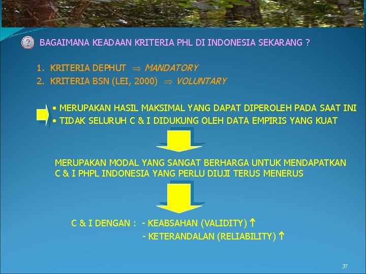 BAGAIMANA KEADAAN KRITERIA PHL DI INDONESIA SEKARANG ? 1. KRITERIA DEPHUT MANDATORY 2. KRITERIA