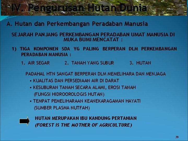 IV. Pengurusan Hutan Dunia A. Hutan dan Perkembangan Peradaban Manusia SEJARAH PANJANG PERKEMBANGAN PERADABAN