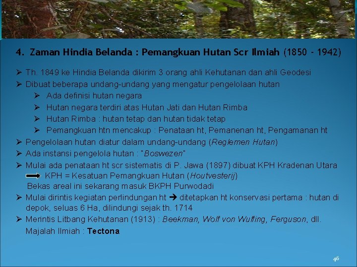 4. Zaman Hindia Belanda : Pemangkuan Hutan Scr Ilmiah (1850 - 1942) Ø Th.