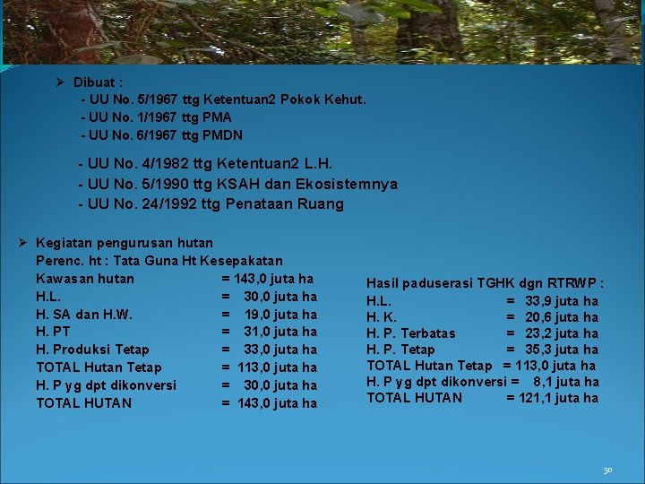 Ø Dibuat : - UU No. 5/1967 ttg Ketentuan 2 Pokok Kehut. - UU