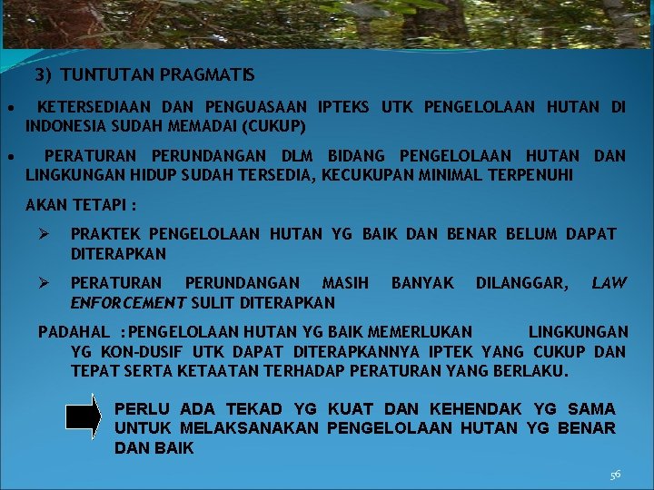 3) TUNTUTAN PRAGMATIS • KETERSEDIAAN DAN PENGUASAAN IPTEKS UTK PENGELOLAAN HUTAN DI INDONESIA SUDAH