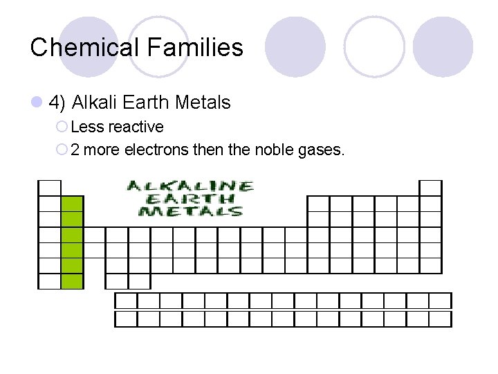 Chemical Families l 4) Alkali Earth Metals ¡ Less reactive ¡ 2 more electrons