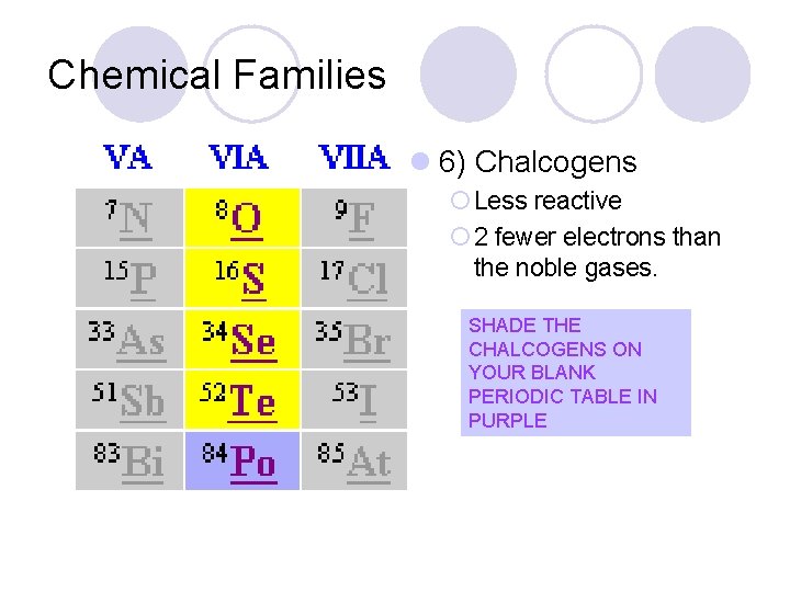 Chemical Families l 6) Chalcogens ¡ Less reactive ¡ 2 fewer electrons than the