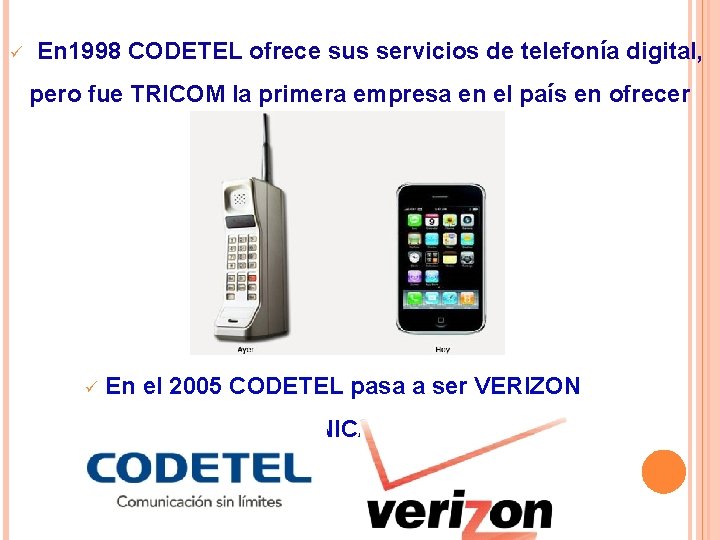 ü En 1998 CODETEL ofrece sus servicios de telefonía digital, pero fue TRICOM la