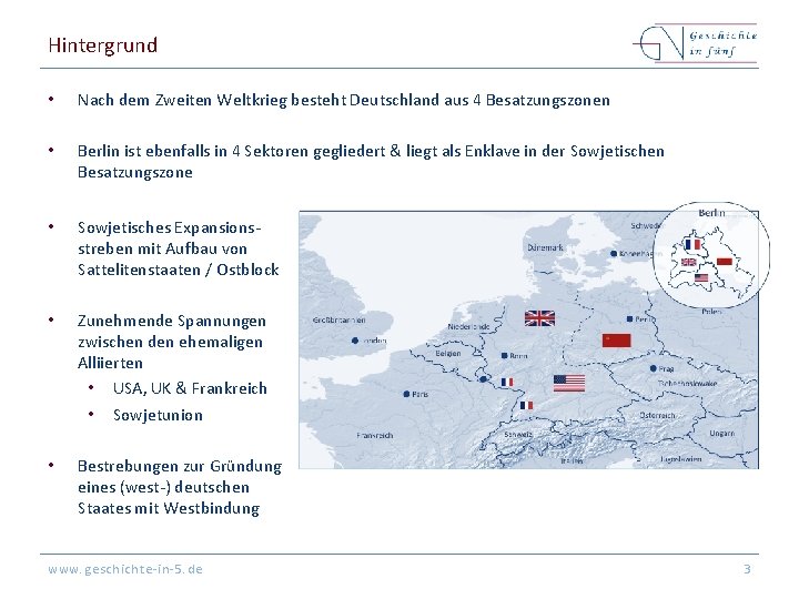 Hintergrund • Nach dem Zweiten Weltkrieg besteht Deutschland aus 4 Besatzungszonen • Berlin ist