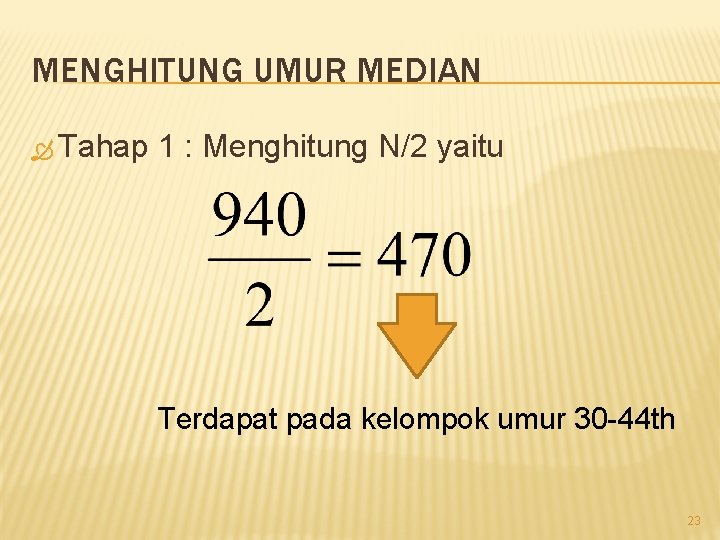 MENGHITUNG UMUR MEDIAN Tahap 1 : Menghitung N/2 yaitu Terdapat pada kelompok umur 30