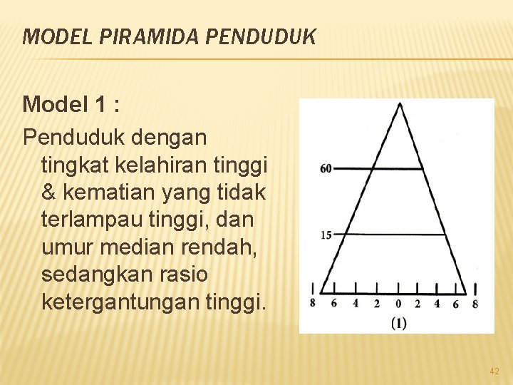 MODEL PIRAMIDA PENDUDUK Model 1 : Penduduk dengan tingkat kelahiran tinggi & kematian yang