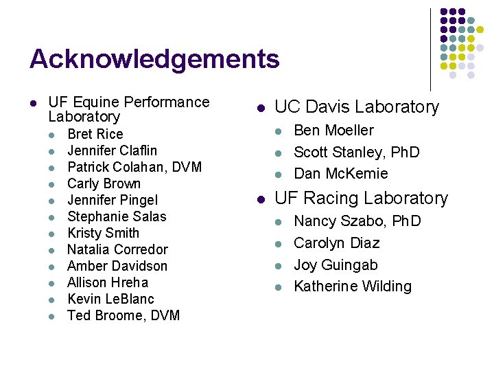 Acknowledgements l UF Equine Performance Laboratory l l l Bret Rice Jennifer Claflin Patrick