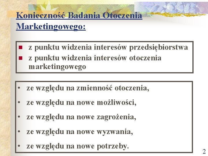 Konieczność Badania Otoczenia Marketingowego: n n z punktu widzenia interesów przedsiębiorstwa z punktu widzenia Konieczność Badania Otoczenia Marketingowego: n n z punktu widzenia interesów przedsiębiorstwa z punktu widzenia