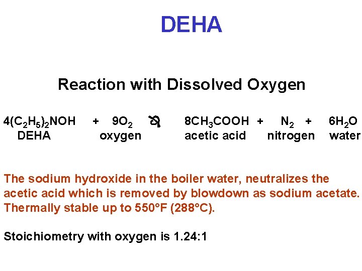 DEHA Reaction with Dissolved Oxygen 4(C 2 H 5)2 NOH DEHA + 9 O