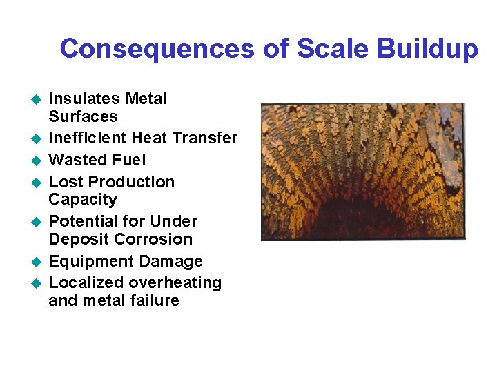 Consequences of Scale Buildup u u u u Insulates Metal Surfaces Inefficient Heat Transfer