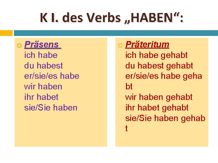 K I. des Verbs „HABEN“: Präsens ich habe du habest er/sie/es habe wir haben