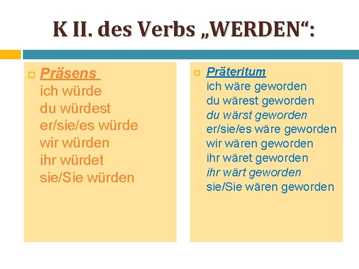 K II. des Verbs „WERDEN“: Präsens ich würde du würdest er/sie/es würde wir würden