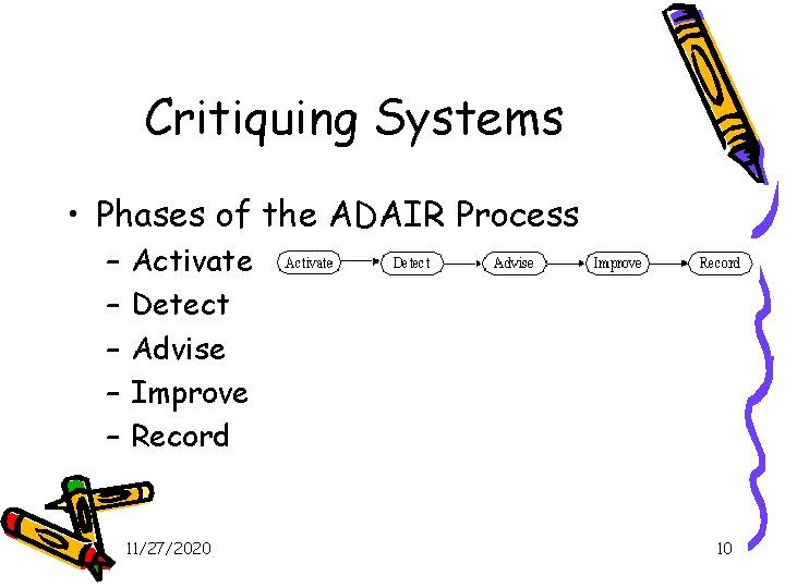 Critiquing Systems • Phases of the ADAIR Process – – – Activate Detect Advise