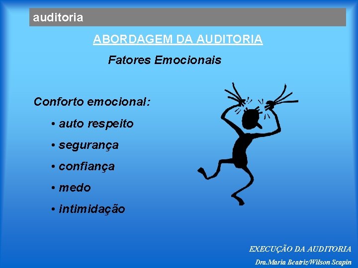 auditoria ABORDAGEM DA AUDITORIA Fatores Emocionais Conforto emocional: • auto respeito • segurança •