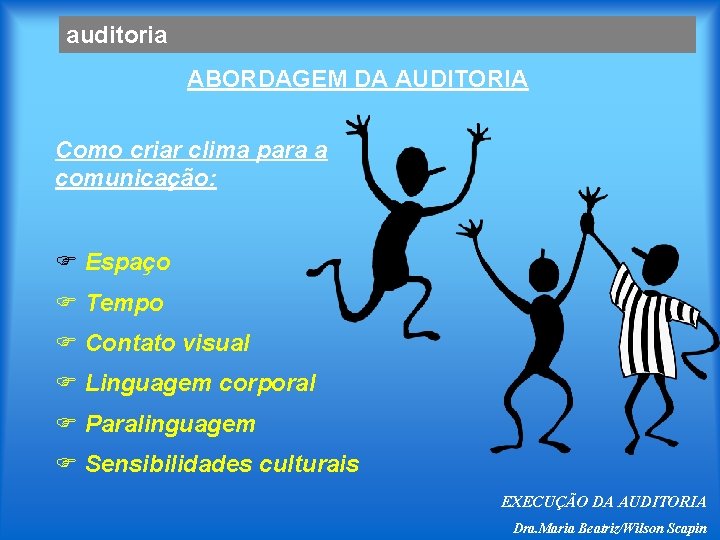 auditoria ABORDAGEM DA AUDITORIA Como criar clima para a comunicação: F Espaço F Tempo