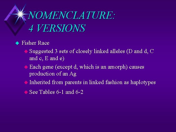 NOMENCLATURE: 4 VERSIONS u Fisher Race u Suggested 3 sets of closely linked alleles