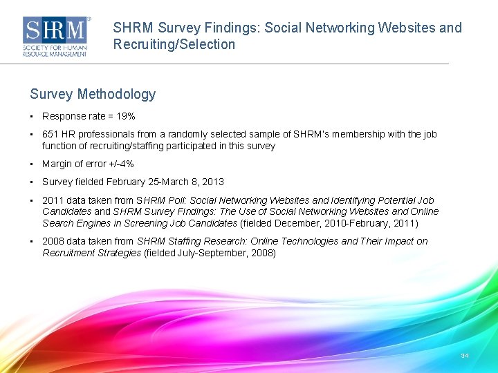 SHRM Survey Findings: Social Networking Websites and Recruiting/Selection Survey Methodology • Response rate =