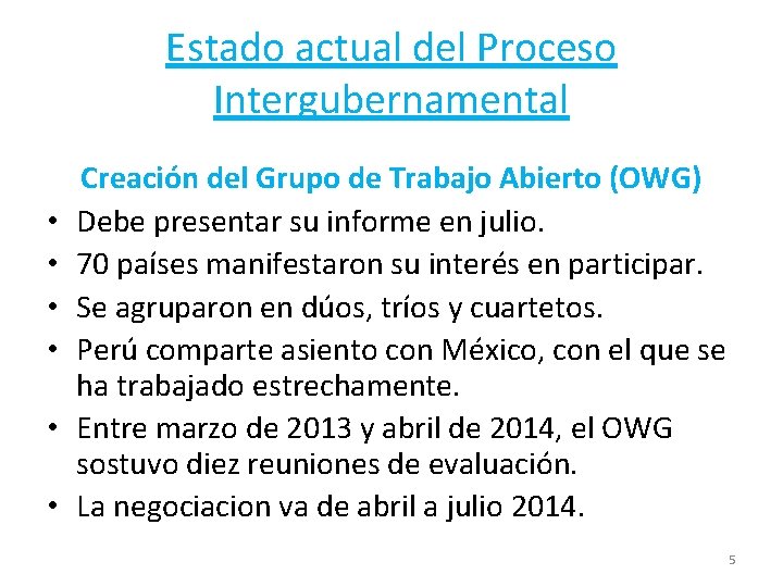 Estado actual del Proceso Intergubernamental • • • Creación del Grupo de Trabajo Abierto