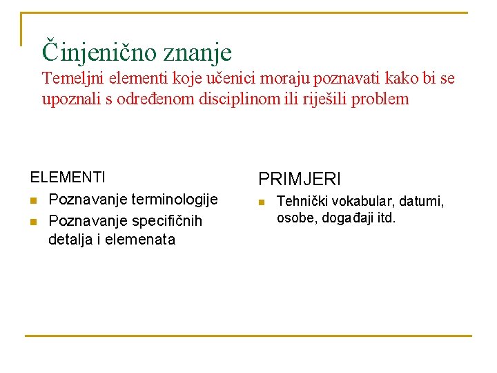 Činjenično znanje Temeljni elementi koje učenici moraju poznavati kako bi se upoznali s određenom